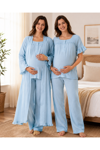 Effort Mavi Müslin Kumaş %100 Pamuk Hamile Lohusa Pijama Takımı Sabahlık 3084 Effort Mavi Müslin Kumaş %100 Pamuk Hamile Lohusa Pijama Takımı Sabahlık 3084